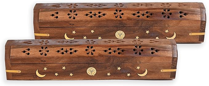 Incense Garden Pack of 2 Incense Stick Holder - Coffin Style - Wood Incense Stick Burner with Sun Moon Star Inlays Handmade with Brass Inlays (Natural)