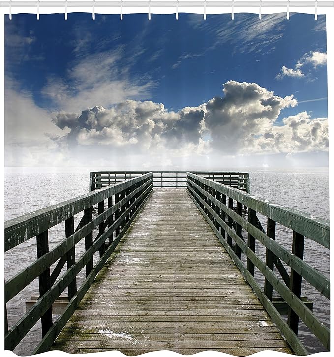 Ambesonne Seascape Shower Curtain, Seaside Banister Clouds Beige Foggy Morning and Ocean Seascape View Image, Cloth Fabric Bathroom Decor Set with Hooks, 69" W x 70" L, Gray White