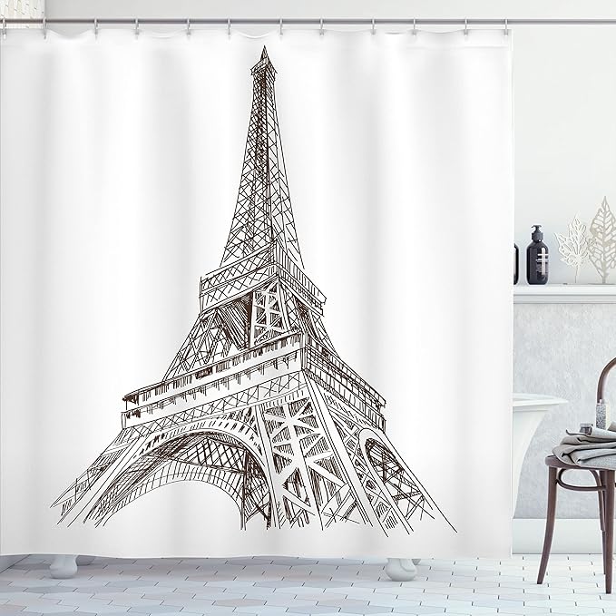 Ambesonne Paris Shower Curtain, Sketchy Look Illustration of Eiffel Tower European Building Art Work Print Classic, Cloth Fabric Bathroom Decor Set with Hooks, 69" W x 70" L, Brown