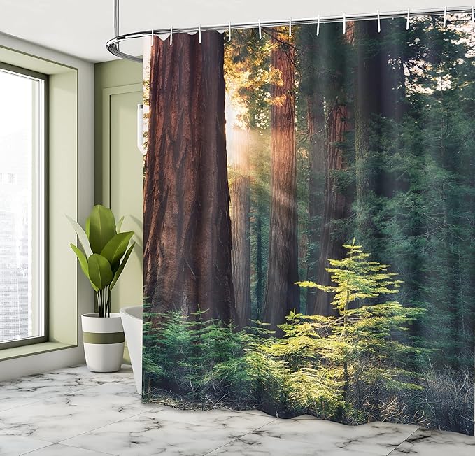 Ambesonne National Parks Shower Curtain, Morning Sunlight in Wilderness Yosemite Sierra Nevada United States Nature, Cloth Fabric Bathroom Decor Set with Hooks, 69" W x 75" L, Green Dark Brown