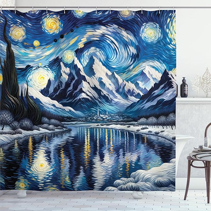 Ambesonne Painting Art Shower Curtain, Abstract Night Scenery with Impressionist Elements Starry Sky Lake, Cloth Fabric Bathroom Decor Set with Hooks, 69" W x 84" L, Royal Blue and Yellow