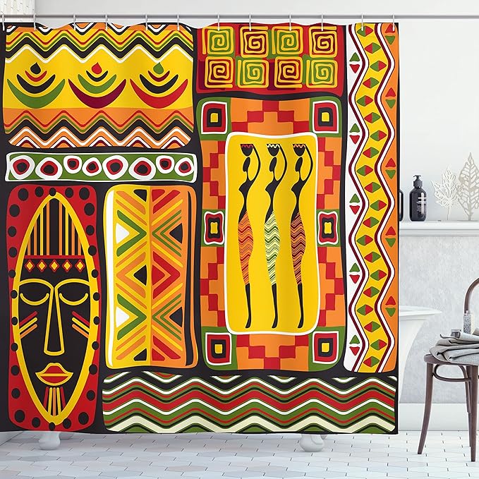 Ambesonne African Shower Curtain, Elements Historical Original Striped and Rectangle Shapes Design, Cloth Fabric Bathroom Decor Set with Hooks, 69" W x 75" L, Scarlet Yellow