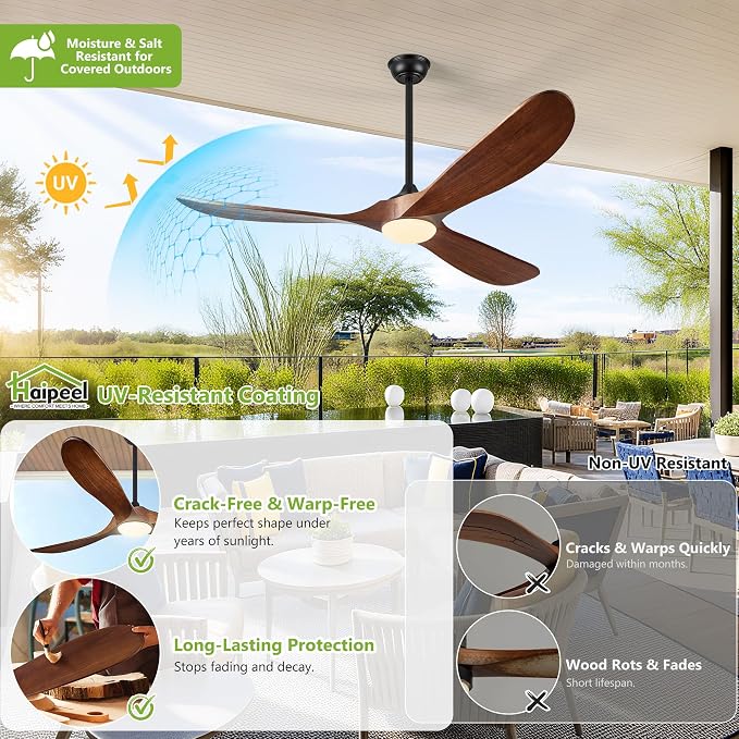 Haipeel 52 Inch Outdoor Ceiling Fan with Light and Remote, Solid Wood | Dimmable 3 Color LED with Memory 3 Blade Walnut Propeller Quiet High CFM Reversible BLDC, Damp Rated Outdoor Patios Farmhouse