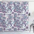 Ambesonne Paisley Shower Curtain, Blue and Purple Flowers Leaves Floral Pattern Bohemian Style Country Print, Cloth Fabric Bathroom Decor Set with Hooks, 69" W x 84" L, Purple White Blue