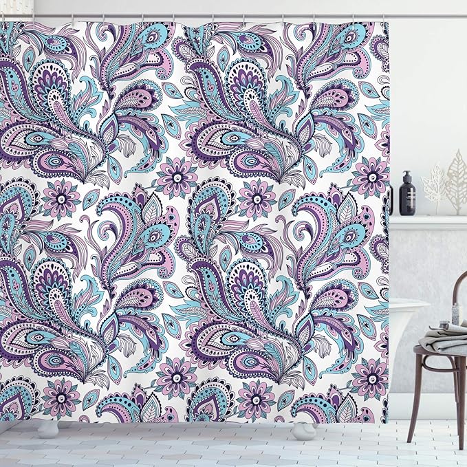 Ambesonne Paisley Shower Curtain, Blue and Purple Flowers Leaves Floral Pattern Bohemian Style Country Print, Cloth Fabric Bathroom Decor Set with Hooks, 69" W x 84" L, Purple White Blue