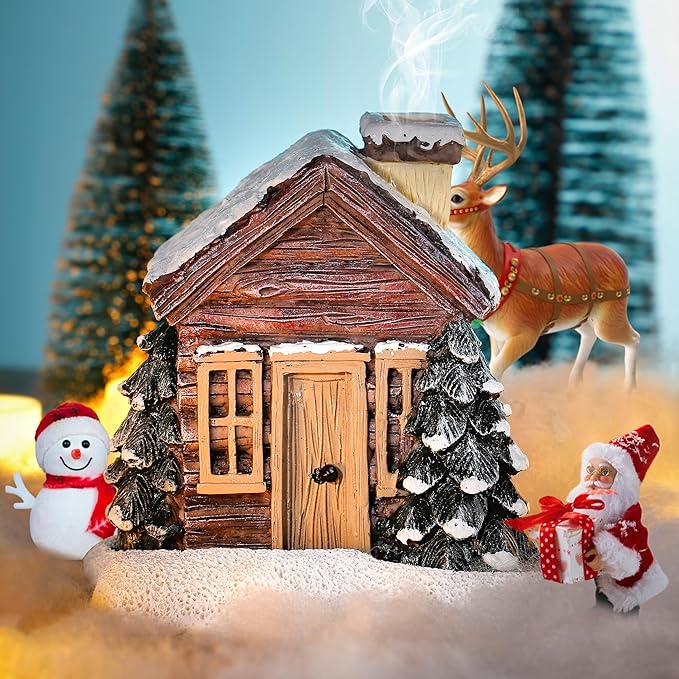 Christmas Log Cabin Incense Burner - Christmas Village Houses with 2 Incense Cones, Resin Incense Cone Holder for Home Room Table Fireplace Decorations, Brown