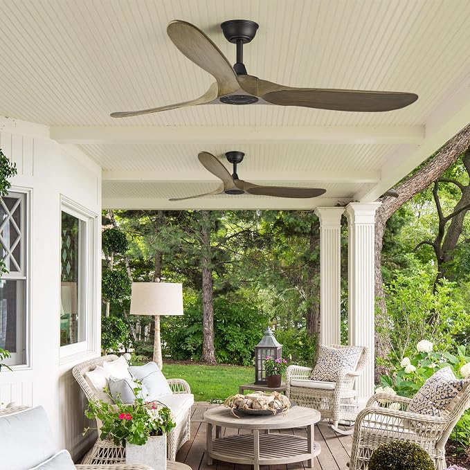 Haipeel 60" Wood Ceiling Fan no Light, 60 Inch Ceiling Fans without Lights with Remote Control, Indoor Outdoor Ceiling Fan no Light for Rustic Porch Propeller 3 Blade, ETL Quiet DC Motor, Bronze Gray