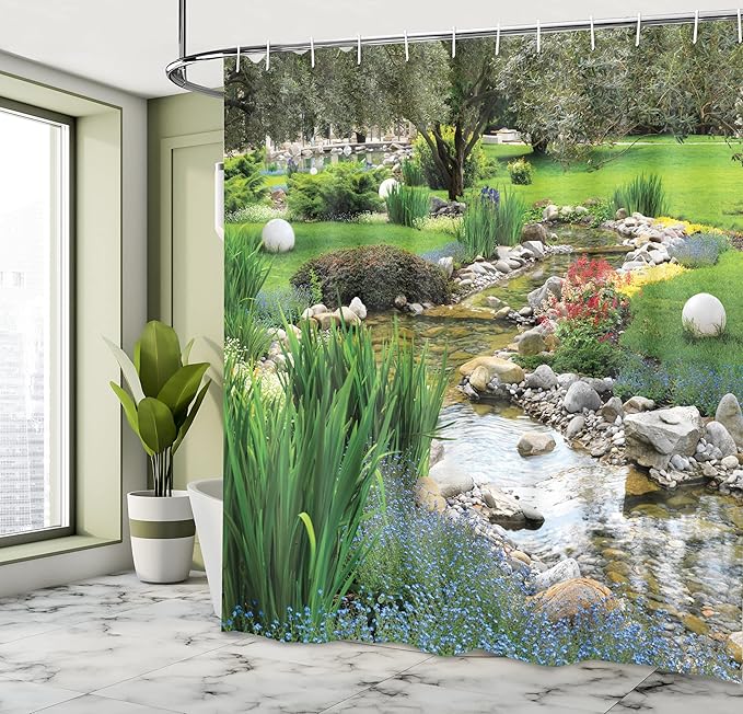 Ambesonne Garden Shower Curtain, Garden Pond in Style with Flowing Stream and Wild Flowers Bushes Stones, Cloth Fabric Bathroom Decor Set with Hooks, 69" W x 70" L, Fern Green