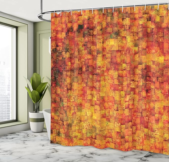 Ambesonne Burnt Orange Shower Curtain, Vintage Mosaic Background Quadratic Little Geometric Squares Faded Print, Cloth Fabric Bathroom Decor Set with Hooks, 69" W x 75" L, Orange Mustard