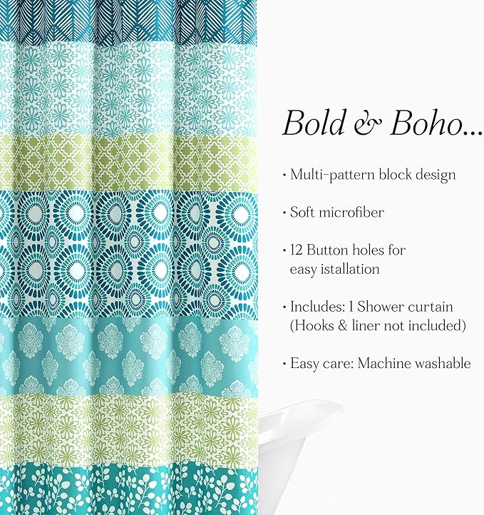 Lush Decor Bohemian Stripe Shower Curtain 72" W x 72" L Blue & Green - Bathroom Curtain - Striped Shower Curtain - Boho Decor - Fabric Shower Curtains