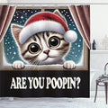 Ambesonne Christmas Shower Curtain, Funny Kitten with Santa Hat Asking are You Pooping Snowing Window, Cloth Fabric Bathroom Decor Set with Hooks, 69" W x 75" L, Red Pale Sepia and Teal