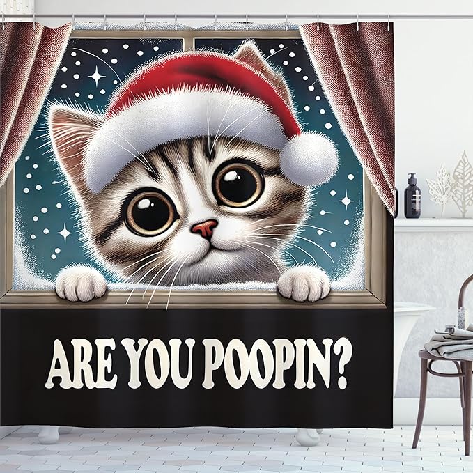Ambesonne Christmas Shower Curtain, Funny Kitten with Santa Hat Asking are You Pooping Snowing Window, Cloth Fabric Bathroom Decor Set with Hooks, 69" W x 75" L, Red Pale Sepia and Teal