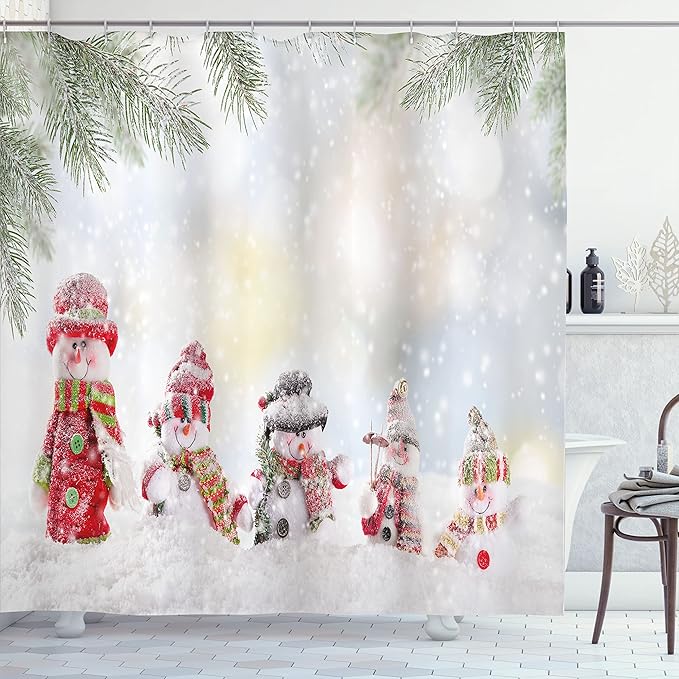 Ambesonne Christmas Shower Curtain, Depiction with Snowman and Falling Snow Ice Frozen Blizzard Themed Art Print, Cloth Fabric Bathroom Decor Set with Hooks, 69" W x 70" L, Red and White