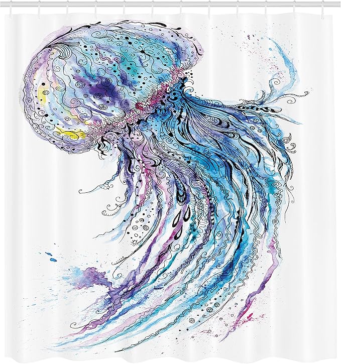 Ambesonne Jellyfish Shower Curtain, Aqua Colors Art Ocean Animal Print Sketch Style Creative Sea Marine Theme, Cloth Fabric Bathroom Decor Set with Hooks, 69" W x 70" L, Blue White