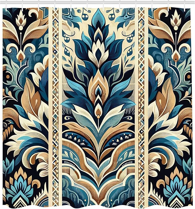 Ambesonne Vintage Shower Curtain, Ethnic Leaves and Flourishing Botanical Balance Folkloric Influences, Cloth Fabric Bathroom Decor Set with Hooks, 69" W x 84" L, Azure Blue and Sand Brown