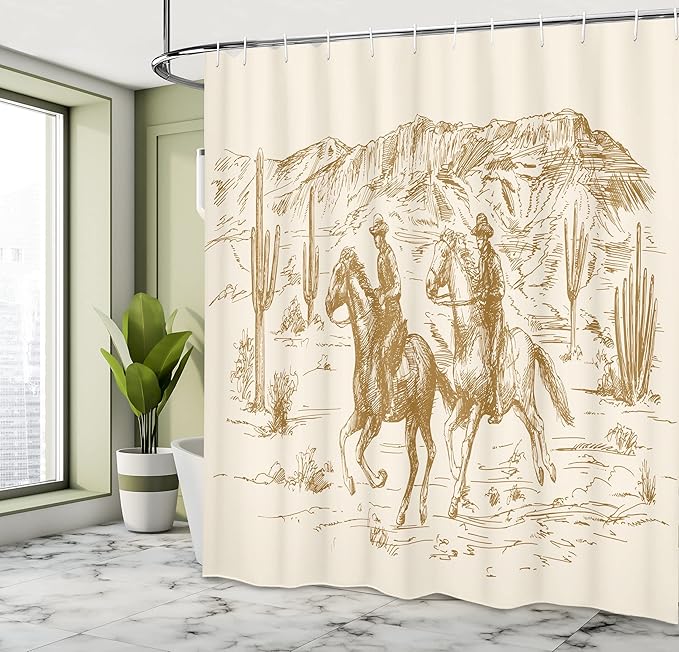 Ambesonne Western Shower Curtain, Country Theme Hand Drawn Illustration of American Wild West Desert with Cowboys, Cloth Fabric Bathroom Decor Set with Hooks, 69" W x 70" L, Pale Coffee