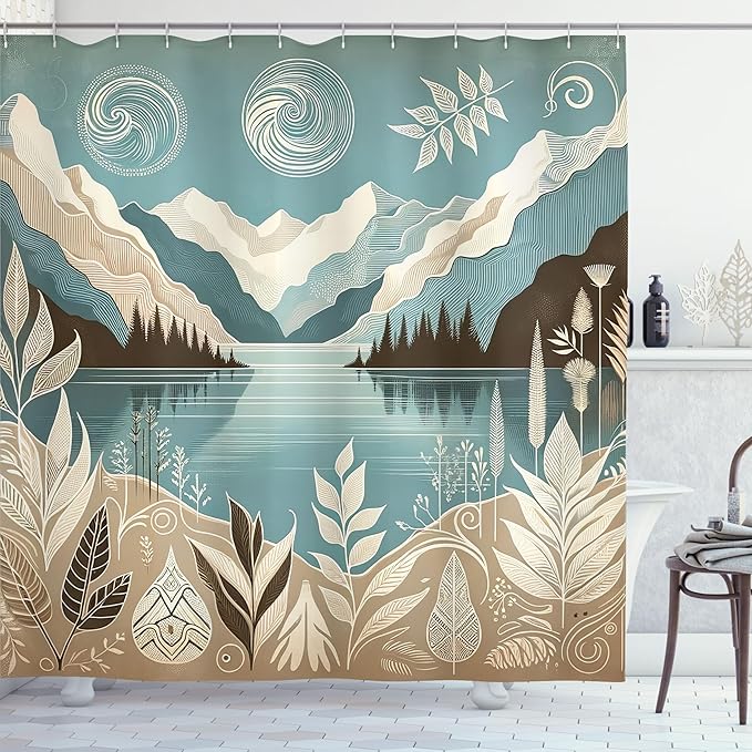 Ambesonne Lake Shower Curtain, Mountains Calm Nature Scenery Botanical Neutral Ornaments Illustration, Cloth Fabric Bathroom Decor Set with Hooks, 69" W x 84" L, Pale Teal Tan and Brown