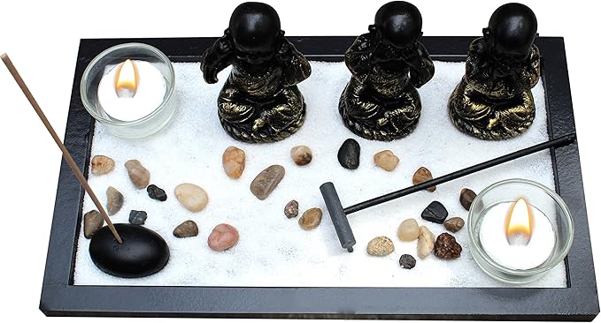 Zen Garden Meditation Garden 3 Buddha See, Speak, Hear No Evil Statues, Incense Holder, Incense, 2 Tea Light Holders, Rocks, Sand, Rake (Candles Not Included)