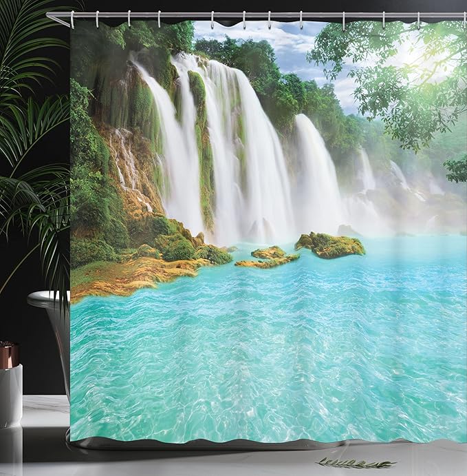 Ambesonne Waterfall Shower Curtain, Ban Gioc-Detian Cascade in The Forest Tropical Waterscape Clear Pool, Cloth Fabric Bathroom Decor Set with Hooks, 69" W x 70" L, Turquoise White
