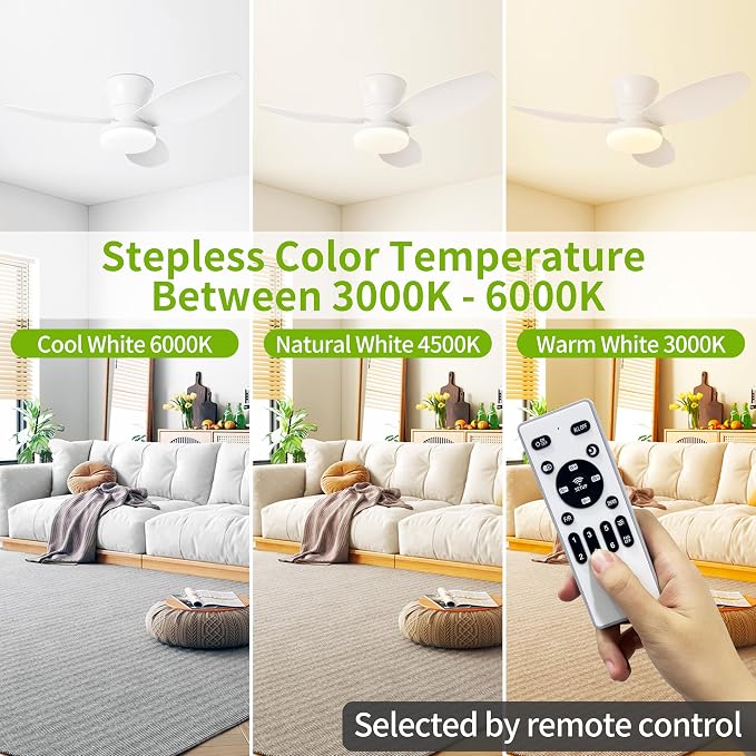 Small 3 Blade Ceiling Fan with Light 32 Inch Flush Mount Fan with Remote | 26W 2600LM 3CCT Low Profile Ceiling Fan Light Fixtures for Garage Closet Kids Room Bedroom Living Room Kitchen Modern White