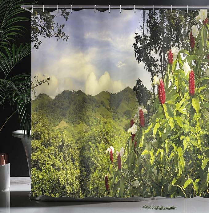 Ambesonne Forest Shower Curtain, Rural Scenery Costa Rica Countryside Greenery Tropic Accents Botanical, Cloth Fabric Bathroom Decor Set with Hooks, 69" W x 70" L, Green Red Violet Blue