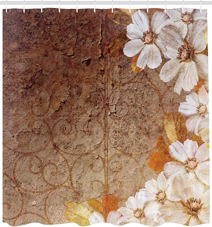 Ambesonne Grunge Shower Curtain, Flowers and Leaves Pattern on Cracked Wall with Floral Lines Classic Design, Cloth Fabric Bathroom Decor Set with Hooks, 69" W x 75" L, White Brown