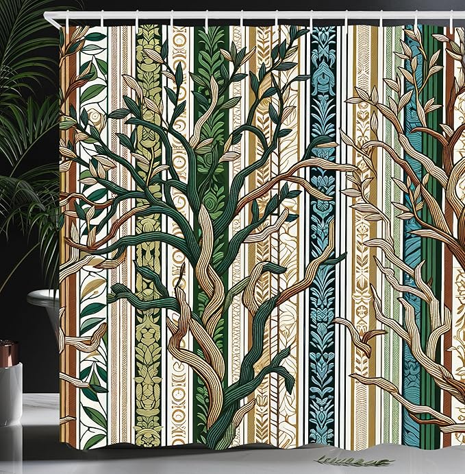 Ambesonne Striped Shower Curtain, Bold Intricate Pinstriped Trees on Vertical Damask Tribal Stripes, Cloth Fabric Bathroom Decor Set with Hooks, 69" W x 70" L, Pale Brown Green Sea Blue