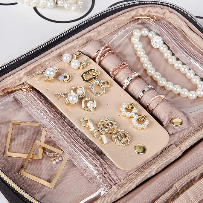 NISHEL Travel Jewelry Case Organizer, Tangle-Free Necklace Storage Bag | Stores rings, earrings, bracelets and watches in a compact case for travel, vacations and daily use, Black, Medium