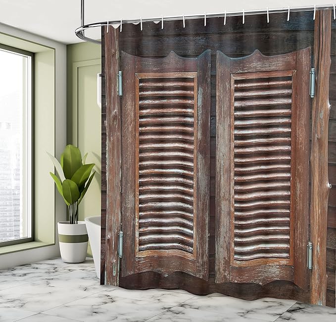 Ambesonne Western Shower Curtain, Antique Themed Traditional Rustic Wild West Swinging Wooden Cowboy Bar Saloon Door, Cloth Fabric Bathroom Decor Set with Hooks, 69" W x 84" L, Brown Dark