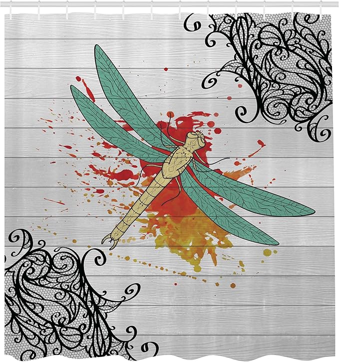 Ambesonne Dragonfly Shower Curtain, Insect in Warm Tones on a Greyscale Backdrop with Victorian Style Elements, Cloth Fabric Bathroom Decor Set with Hooks, 69" W x 70" L, Orange Grey