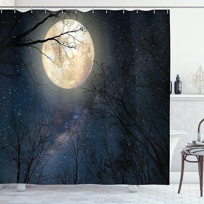 Ambesonne Night Sky Shower Curtain, Nocturnal Sky Milky Way Stars Twilight Moon Scenery with Branches, Cloth Fabric Bathroom Decor Set with Hooks, 69" W x 70" L, Dark Blue White