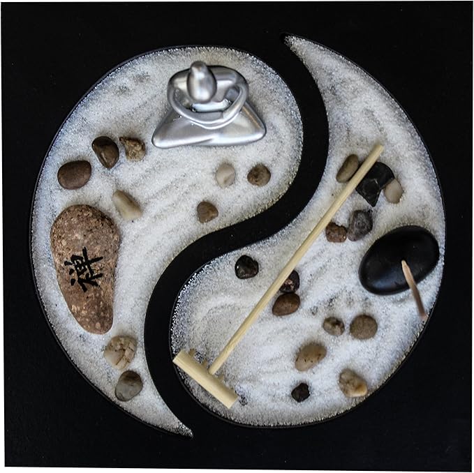 Zen Garden Deluxe Desk Meditation Garden Yin Yang Base with Silver Statue, Sand, Rocks, Rake, Incense and Incense Burner - Peace & Tranquility
