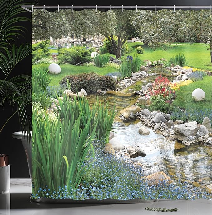 Ambesonne Garden Shower Curtain, Garden Pond in Style with Flowing Stream and Wild Flowers Bushes Stones, Cloth Fabric Bathroom Decor Set with Hooks, 69" W x 70" L, Fern Green