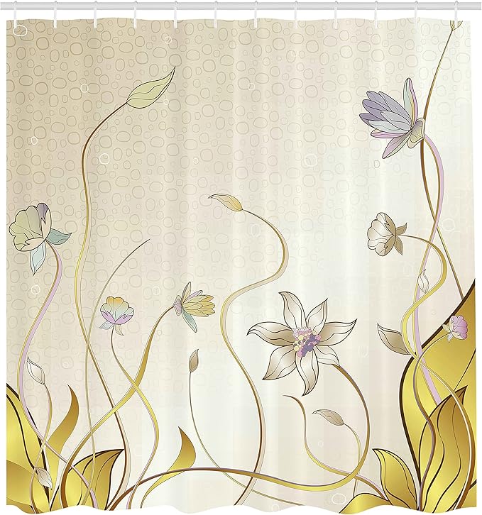 Ambesonne Abstract Shower Curtain, Flower Nature Theme Pattern Nice Lily Blossoms in Spring Pattern Print, Cloth Fabric Bathroom Decor Set with Hooks, 69" W x 70" L, Cream and Mustard