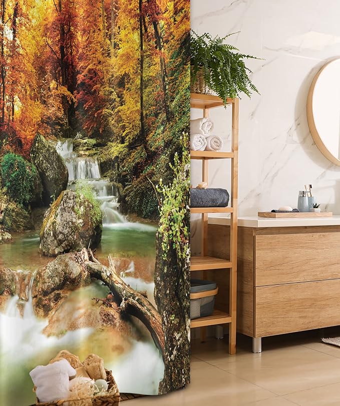 Ambesonne Waterfall Stall Shower Curtain, Autumn Seasonal Woodland Creek Trees Foliage Rocks in Forest Image, Fabric Bathroom Decor Set with Hooks, 36" W x 72" L, Coffee Orange