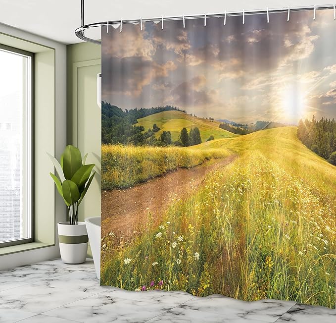 Ambesonne Nature Shower Curtain, Sunset on The Meadow Rural Country Flower Field and Trees Idyllic Scene, Cloth Fabric Bathroom Decor Set with Hooks, 69" W x 70" L, Lime Green Pale Brown