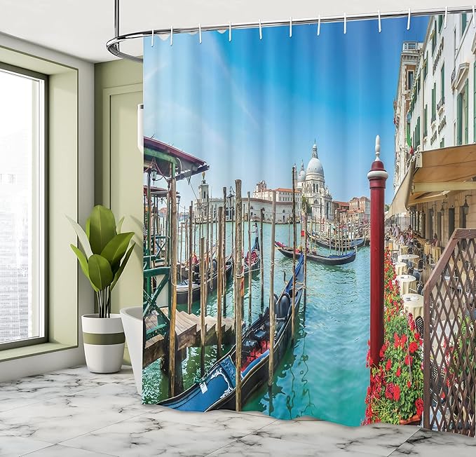 Ambesonne Scenery Shower Curtain, Gondola on Canal Grande Architecture Background Sunny Day Venice Image Print, Cloth Fabric Bathroom Decor Set with Hooks, 69" W x 70" L, Multicolor
