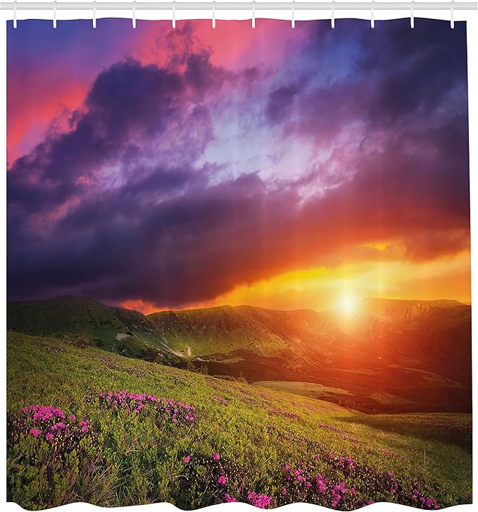 Ambesonne Landscape Shower Curtain, Mountain with Pink Rhododendron Flowers Sunset Sky Over Carpathian Hills Picture, Cloth Fabric Bathroom Decor Set with Hooks, 69" W x 70" L, Multicolor