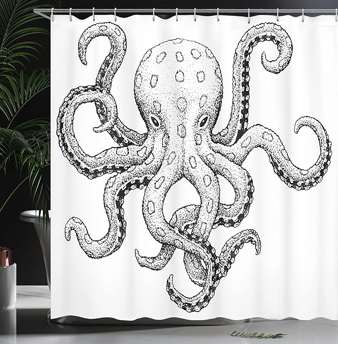 Ambesonne Octopus Shower Curtain, Sketch Style Print of Deadly Blue Ringed Octopus Camouflage Marine Animal Aquatic, Cloth Fabric Bathroom Decor Set with Hooks, 69" W x 75" L, Black Ecru