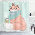 Ambesonne Animal Shower Curtain, Hipster Fox Glasses and Scarf Drinking Coffee Hippie Illustration, Cloth Fabric Bathroom Decor Set with Hooks, 69" W x 70" L, Coral Mint