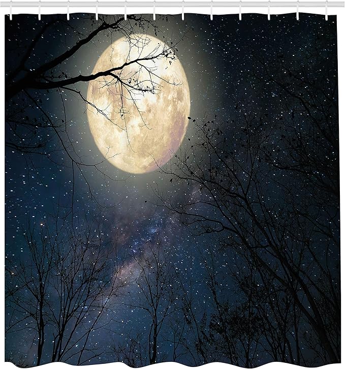 Ambesonne Night Sky Shower Curtain, Nocturnal Sky Milky Way Stars Twilight Moon Scenery with Branches, Cloth Fabric Bathroom Decor Set with Hooks, 69" W x 70" L, Dark Blue White
