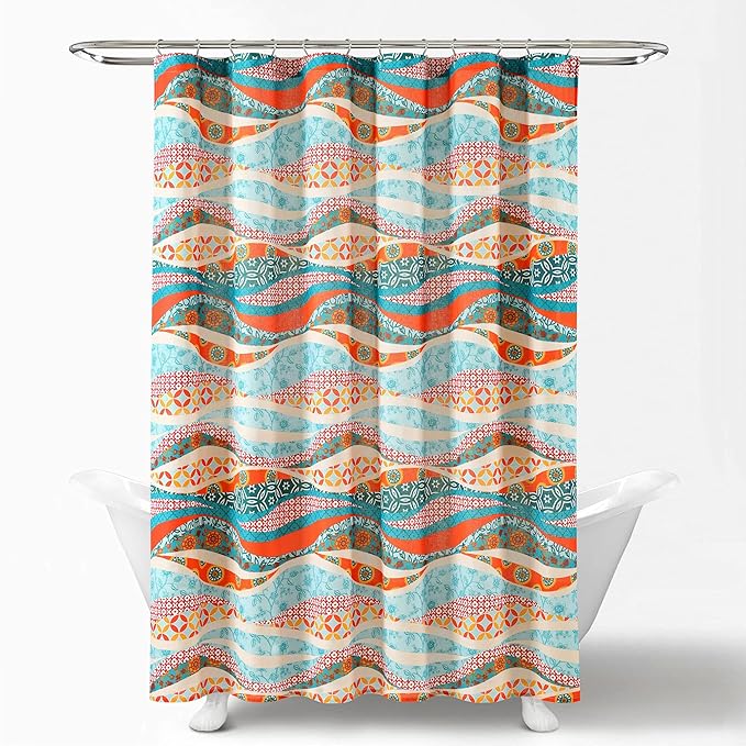 Lush Decor Hailey Watercolor Wave Cotton Shower Curtain Single 72" W x 72" L Turquoise & Multi - Colorful Shower Curtains for Bathroom Curtain Maximalist
