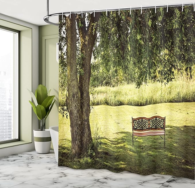 Ambesonne Tree Shower Curtain, Wooden Bench Under Shady Big Tree in The National Park Fresh Tranquil Scenery, Cloth Fabric Bathroom Decor Set with Hooks, 69" W x 70" L, Green Brown