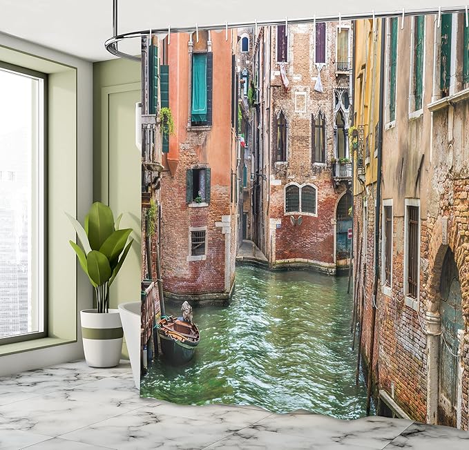 Ambesonne Venice Shower Curtain, Italian City on Water Historical Landmark Famous Streets Houses Gondolas Europe, Cloth Fabric Bathroom Decor Set with Hooks, 69" W x 75" L, Green Salmon