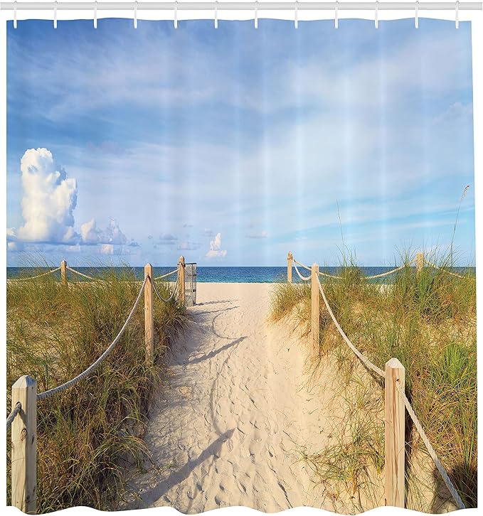 Ambesonne Beach Shower Curtain, Sandy Sh?re Entry of Fences in The South Miami Relaxing American Style Holiday Coastal Landscape, Cloth Fabric Bathroom Decor Set with Hooks, 69" W x 84" L, Cream Blue