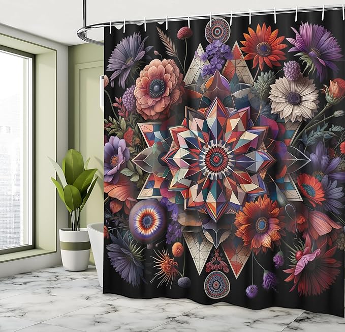 Ambesonne Boho Floral Shower Curtain, Abstract Exotic Flowers Arrange with Trippy Element on Dark Back Print, Cloth Fabric Bathroom Decor Set with Hooks, 69" W x 75" L, Purple Black Coral
