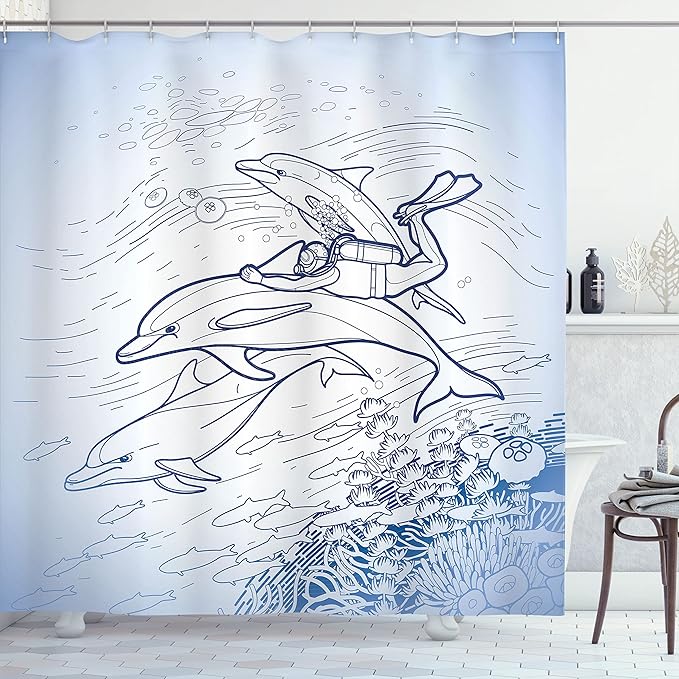 Ambesonne Sea Animals Shower Curtain, Sketch of Scuba Diver Holding Fin of Dolphin Over Coral Reefs Fish Underwater, Cloth Fabric Bathroom Decor Set with Hooks, 69" W x 70" L, Blue Navy