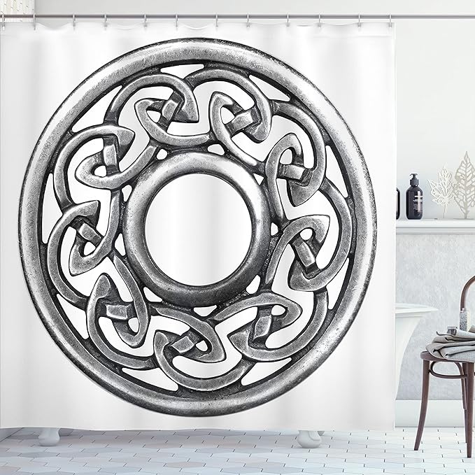Ambesonne Celtic Shower Curtain, Royal Style Circular Brooch Design Antique Traditional Scottish Motif Print, Cloth Fabric Bathroom Decor Set with Hooks, 69" W x 70" L, Grey and White