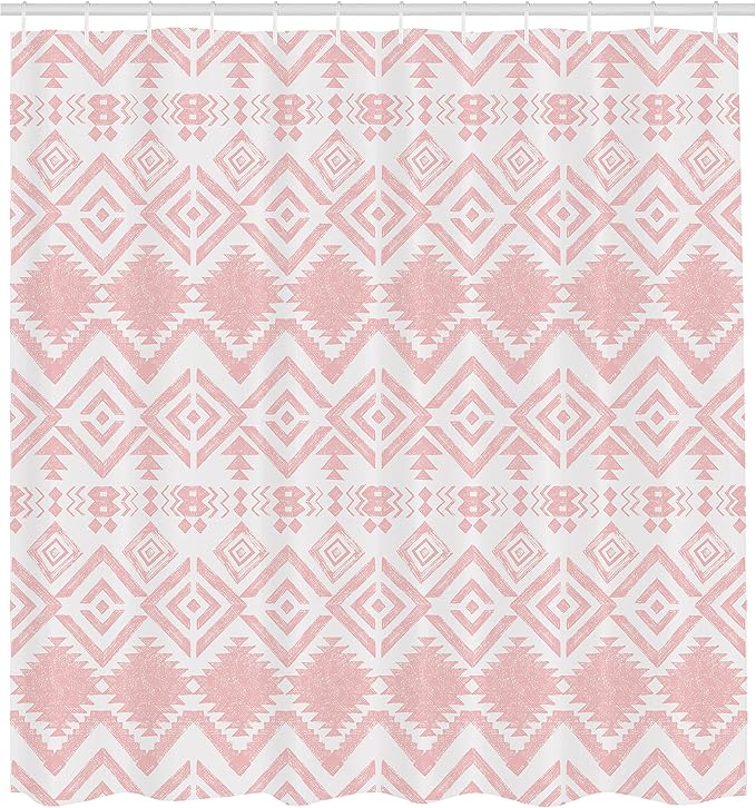 Ambesonne Tribal Shower Curtain, Hand Drawn Style Ethnic Pattern Geometric and Ornamental Aztec Design Print, Cloth Fabric Bathroom Decor Set with Hooks, 69" W x 75" L, Pale Pink