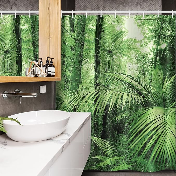 Ambesonne Rainforest Stall Shower Curtain, Palm Trees and Exotic Plants in Tropical Jungle Wild Nature Theme Illustration, Fabric Bathroom Decor Set with Hooks, 54" W X 78" L, Green Forest
